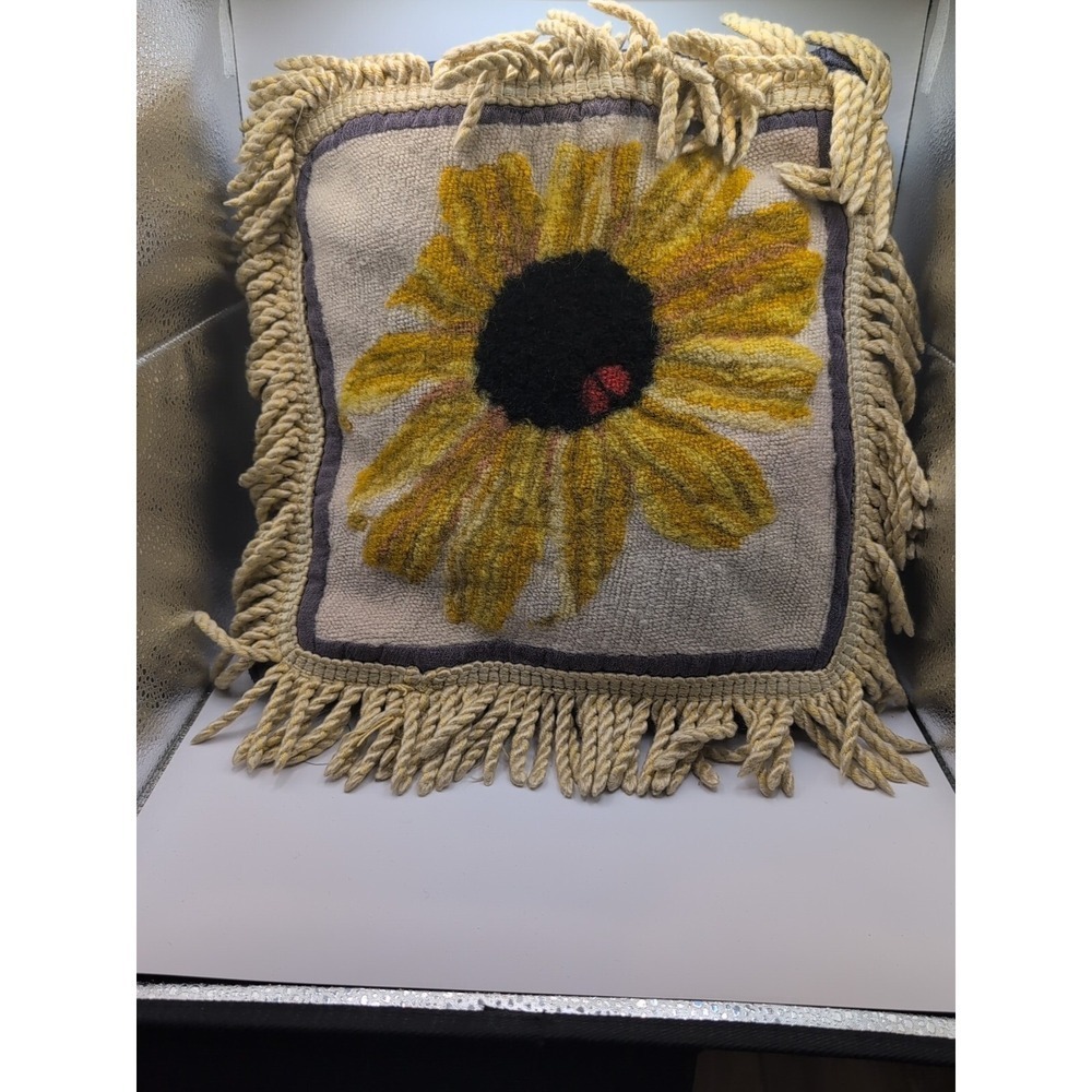 Handmade Needle Point Sunflower Ladybug Pillow w Twisted Fringe